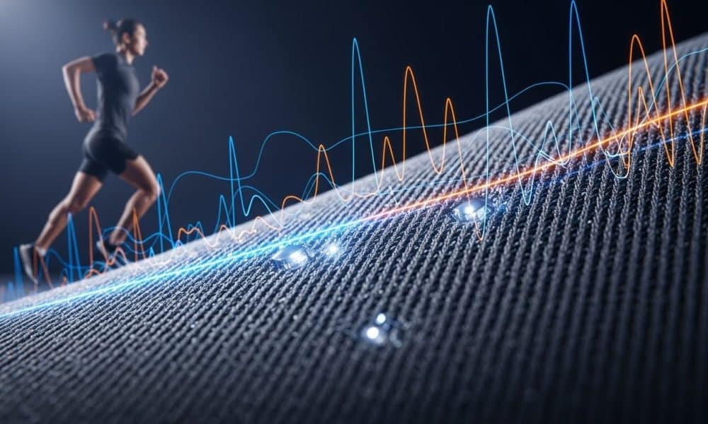 Detail tekstur pakaian pintar atlet yang dilengkapi sensor mikro untuk memantau aktivitas otot.