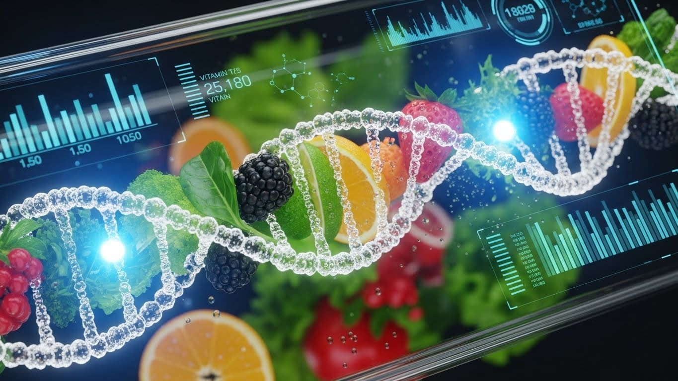 Ilustrasi konsep nutrisi genetik atlet yang menggabungkan analisis struktur DNA dengan asupan makanan sehat.