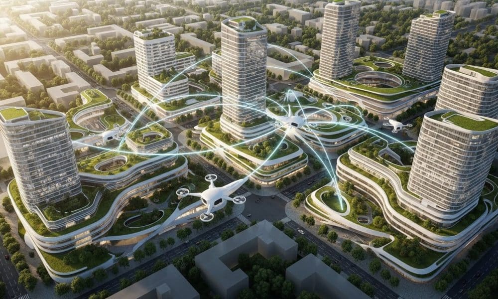 Pemandangan udara konsep kota pintar masa depan yang mengintegrasikan teknologi dan alam