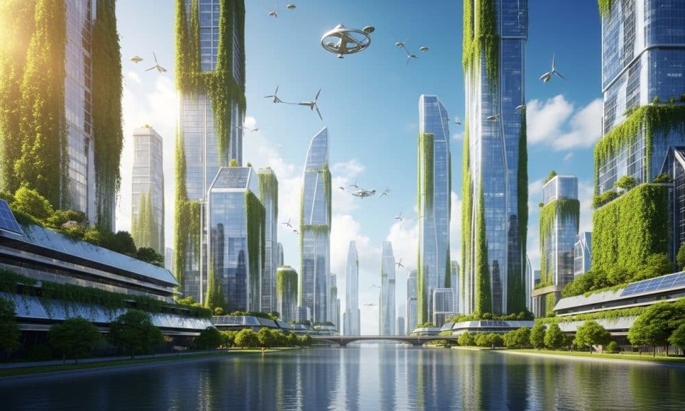 Ilustrasi kota masa depan yang menerapkan teknologi hijau dengan gedung bertanaman dan energi terbarukan.