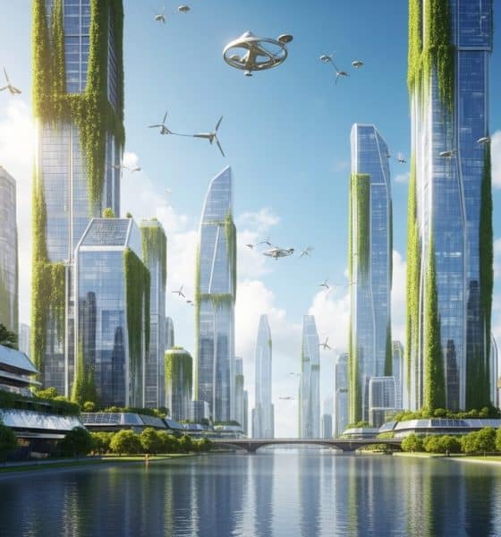 Ilustrasi kota masa depan yang menerapkan teknologi hijau dengan gedung bertanaman dan energi terbarukan.