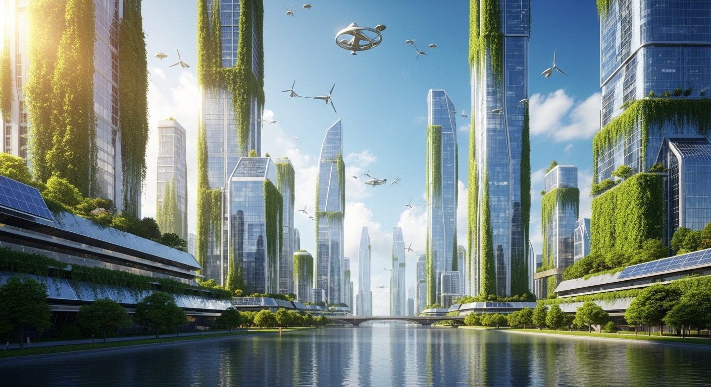 Ilustrasi kota masa depan yang menerapkan teknologi hijau dengan gedung bertanaman dan energi terbarukan.