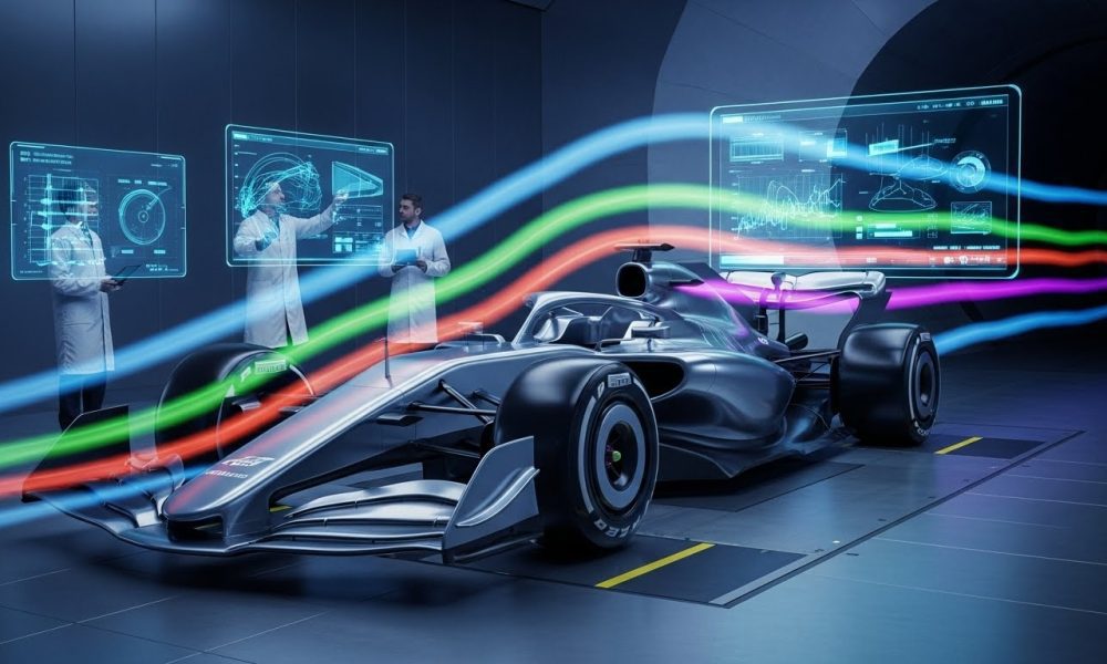 Mobil Formula 1 sedang menjalani uji aerodinamika di dalam terowongan angin berteknologi tinggi.