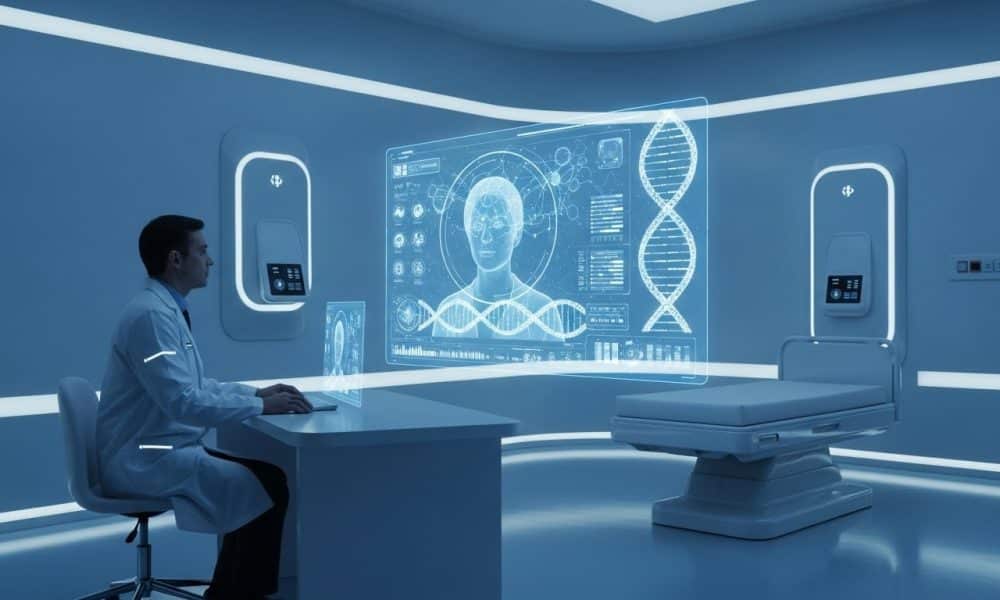 Ilustrasi teknologi kesehatan digital masa depan yang memungkinkan konsultasi dokter melalui hologram canggih.