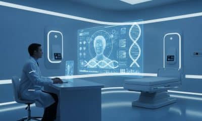 Ilustrasi teknologi kesehatan digital masa depan yang memungkinkan konsultasi dokter melalui hologram canggih.