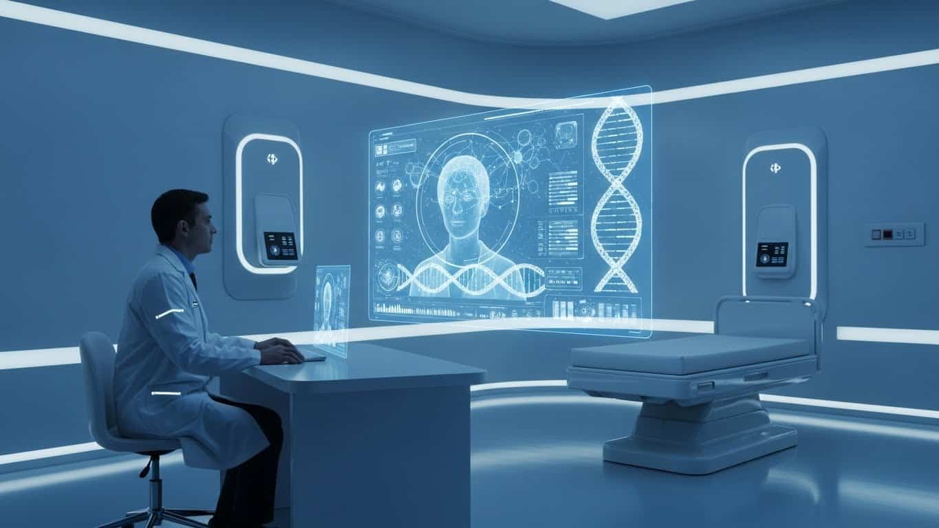 Ilustrasi teknologi kesehatan digital masa depan yang memungkinkan konsultasi dokter melalui hologram canggih.