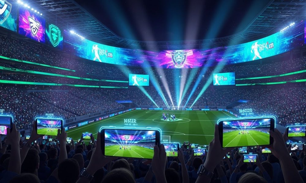 Suasana interior stadion pintar masa depan di mana penonton menggunakan teknologi Augmented Reality saat menonton pertandingan.