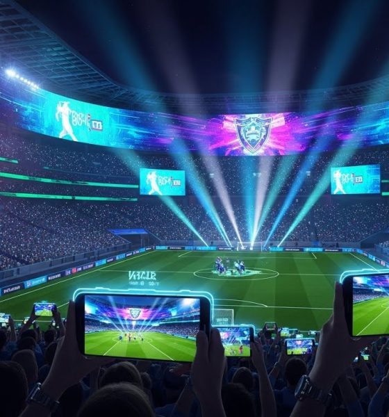 Suasana interior stadion pintar masa depan di mana penonton menggunakan teknologi Augmented Reality saat menonton pertandingan.