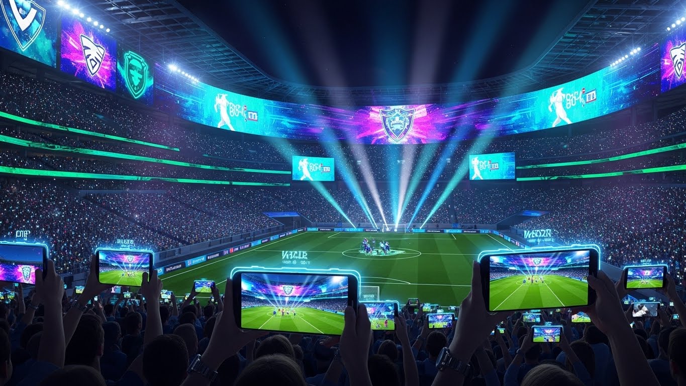 Suasana interior stadion pintar masa depan di mana penonton menggunakan teknologi Augmented Reality saat menonton pertandingan.