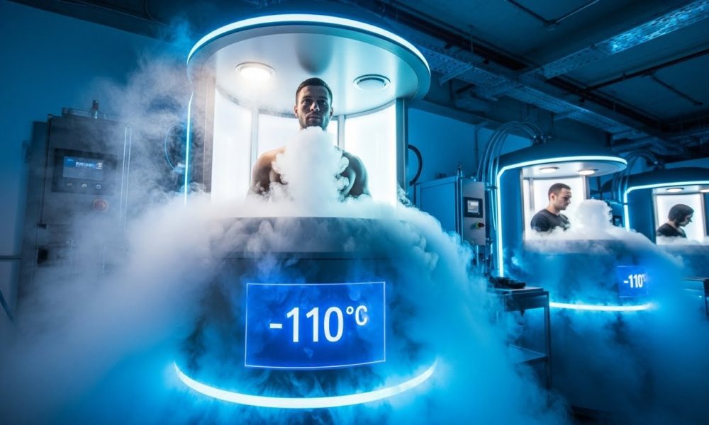 Ilustrasi ruang terapi krio (cryotherapy) canggih yang menggunakan teknologi pemulihan atlet berbasis suhu dingin ekstrem.