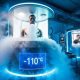 Ilustrasi ruang terapi krio (cryotherapy) canggih yang menggunakan teknologi pemulihan atlet berbasis suhu dingin ekstrem.