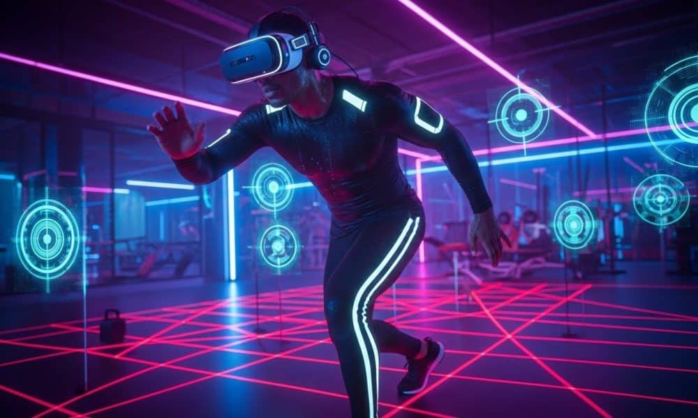 Seorang atlet profesional sedang melakukan simulasi latihan refleks menggunakan teknologi VR canggih.