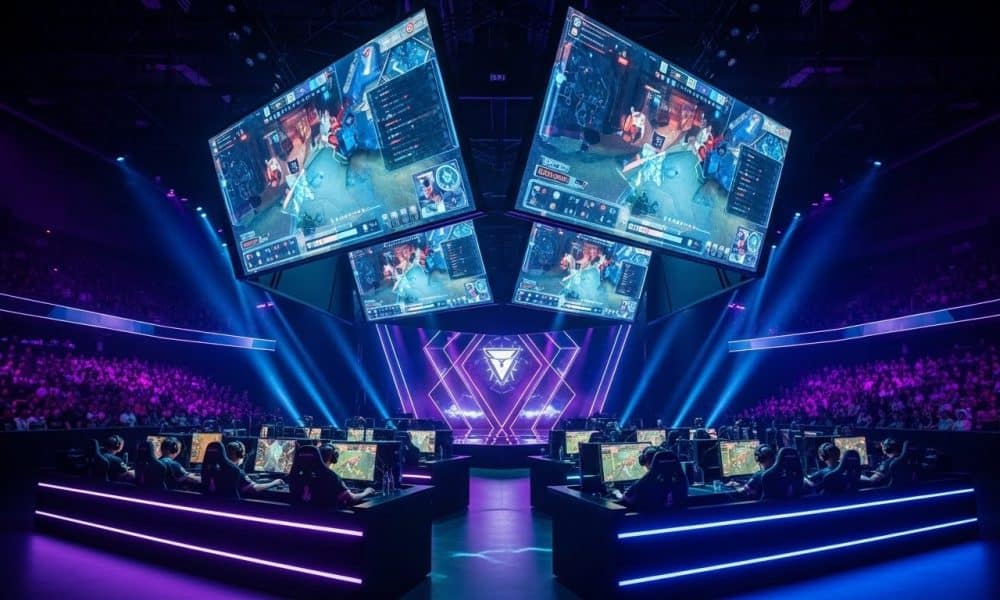 Suasana turnamen industri eSports global yang megah dengan teknologi layar canggih dan ribuan penonton