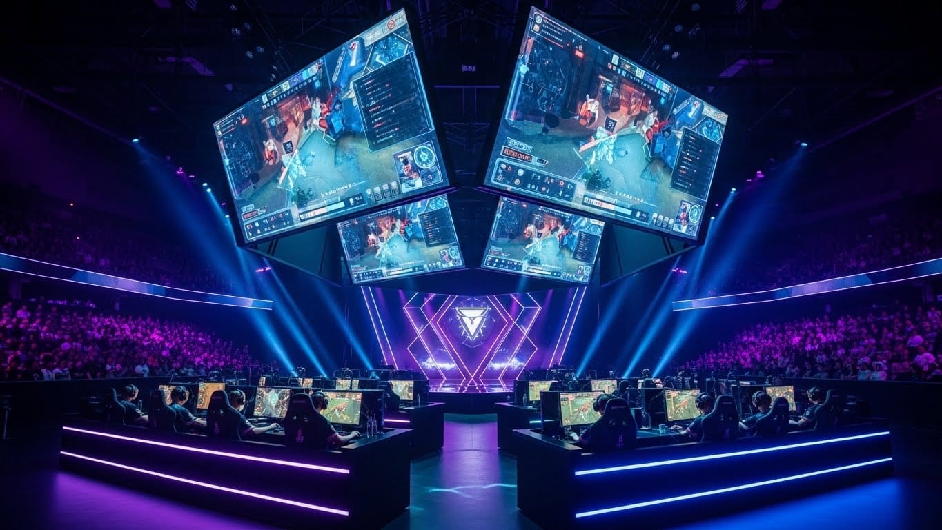 Suasana turnamen industri eSports global yang megah dengan teknologi layar canggih dan ribuan penonton