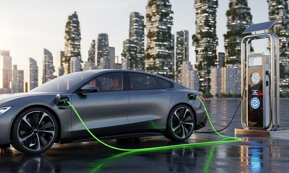 Mobil listrik masa depan sedang mengisi daya di stasiun pengisian modern yang ramah lingkungan.