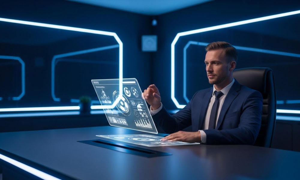 Ilustrasi pemandu bakat (scout) menggunakan teknologi Big Data dan hologram statistik untuk menganalisis potensi pemain.