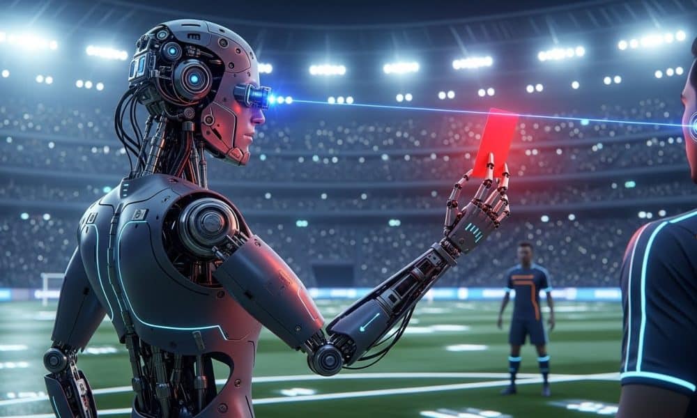 Ilustrasi wasit robot AI yang sedang memberikan keputusan di lapangan sepak bola masa depan.