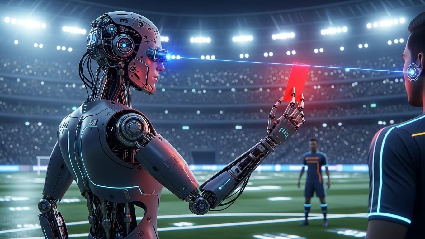Ilustrasi wasit robot AI yang sedang memberikan keputusan di lapangan sepak bola masa depan.
