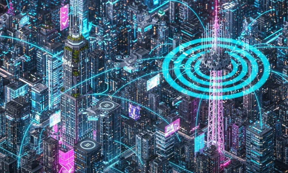 Ilustrasi jaringan kota pintar yang terhubung oleh revolusi teknologi 5G berkecepatan tinggi.