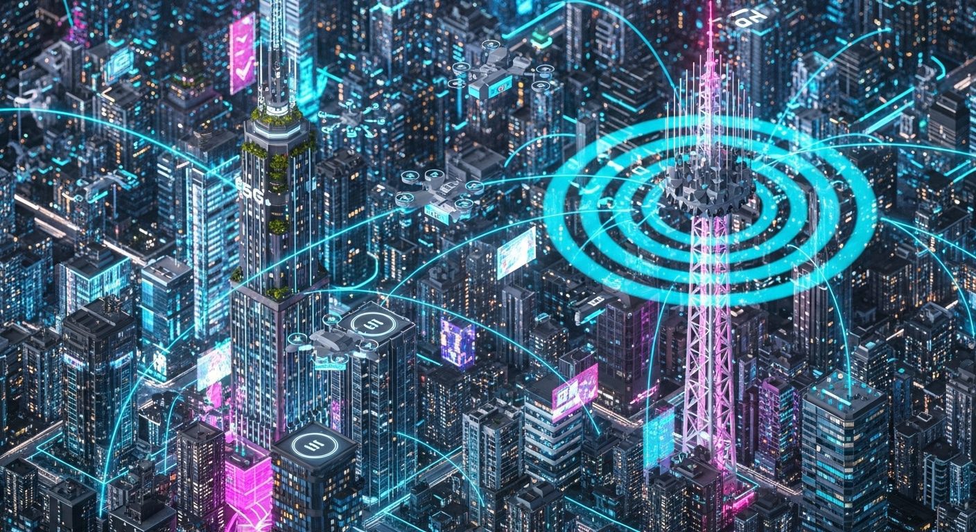 Ilustrasi jaringan kota pintar yang terhubung oleh revolusi teknologi 5G berkecepatan tinggi.