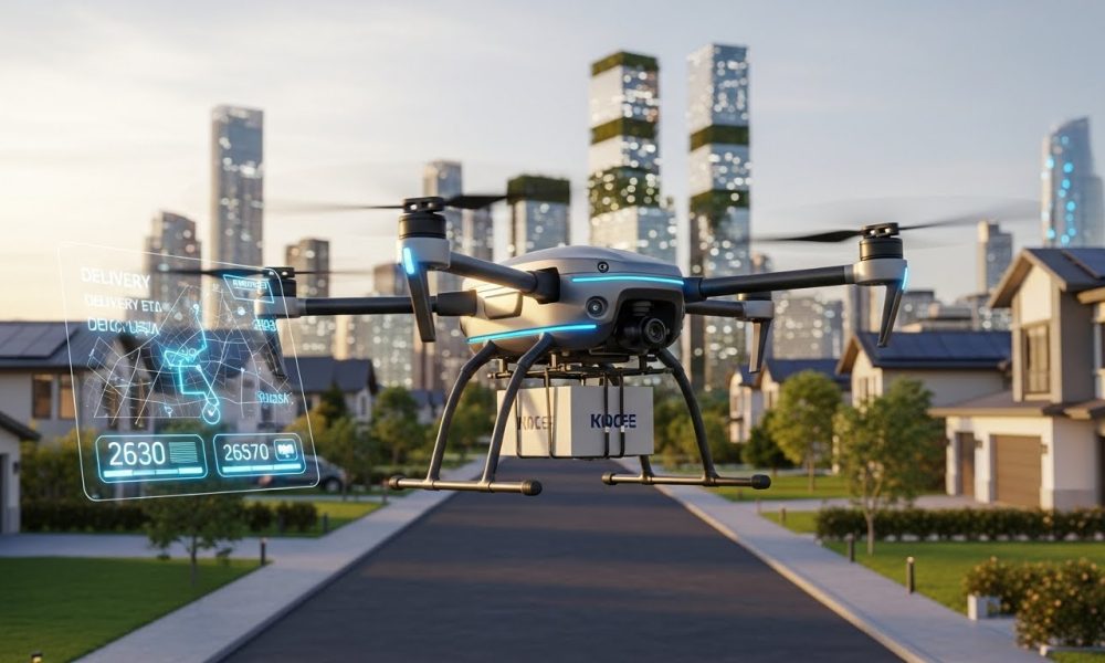 Ilustrasi revolusi pengiriman barang dengan drone otonom yang terbang di atas perumahan.