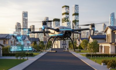 Ilustrasi revolusi pengiriman barang dengan drone otonom yang terbang di atas perumahan.