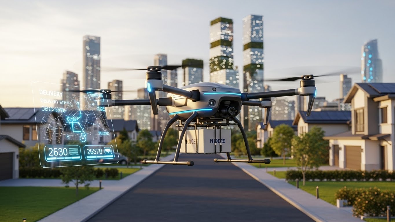 Ilustrasi revolusi pengiriman barang dengan drone otonom yang terbang di atas perumahan.