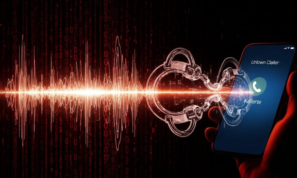 Ilustrasi visual bahaya deepfake audio dalam penipuan digital yang memanipulasi gelombang suara.