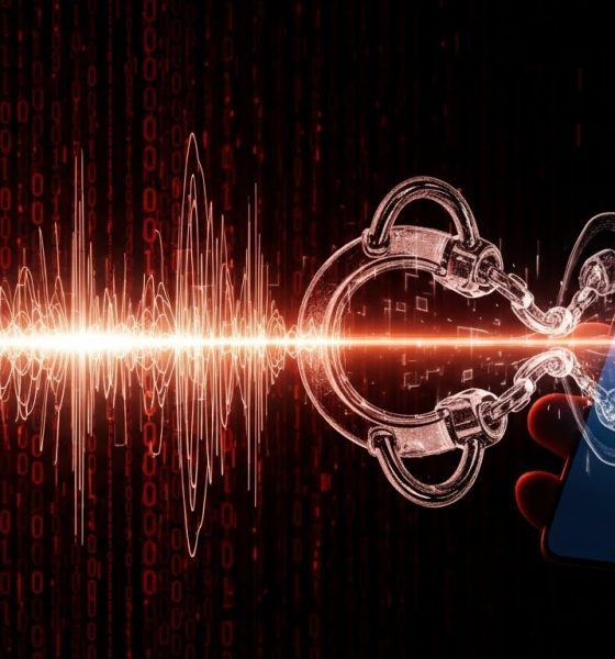 Ilustrasi visual bahaya deepfake audio dalam penipuan digital yang memanipulasi gelombang suara.