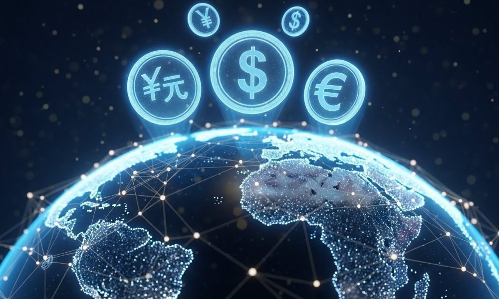 Ilustrasi visualisasi mata uang digital CBDC yang menghubungkan jaringan ekonomi antar negara secara digital.