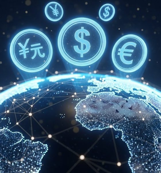 Ilustrasi visualisasi mata uang digital CBDC yang menghubungkan jaringan ekonomi antar negara secara digital.