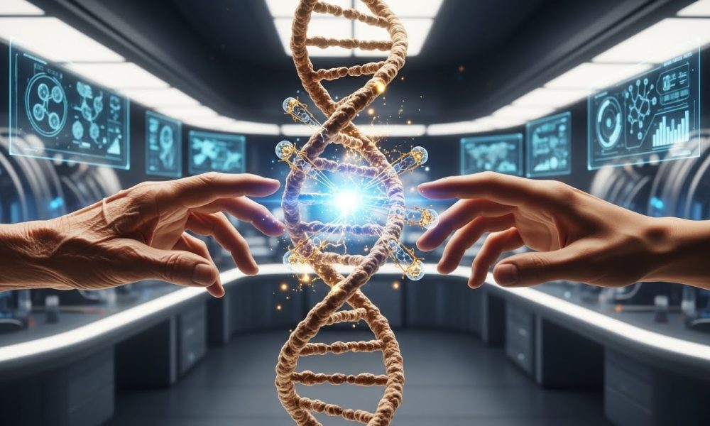 Ilustrasi terobosan teknologi sains dalam memperlambat penuaan manusia melalui perbaikan DNA.