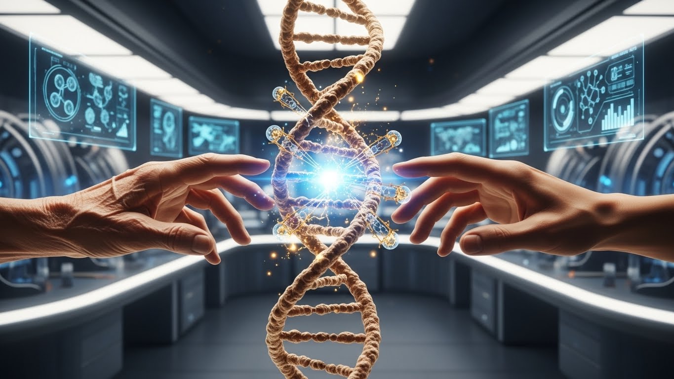 Ilustrasi terobosan teknologi sains dalam memperlambat penuaan manusia melalui perbaikan DNA.