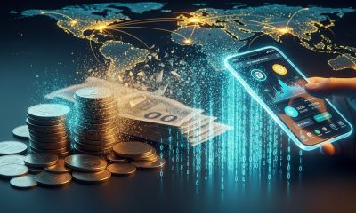 Ilustrasi transformasi masa depan uang tunai di era mata uang digital yang berubah menjadi data.