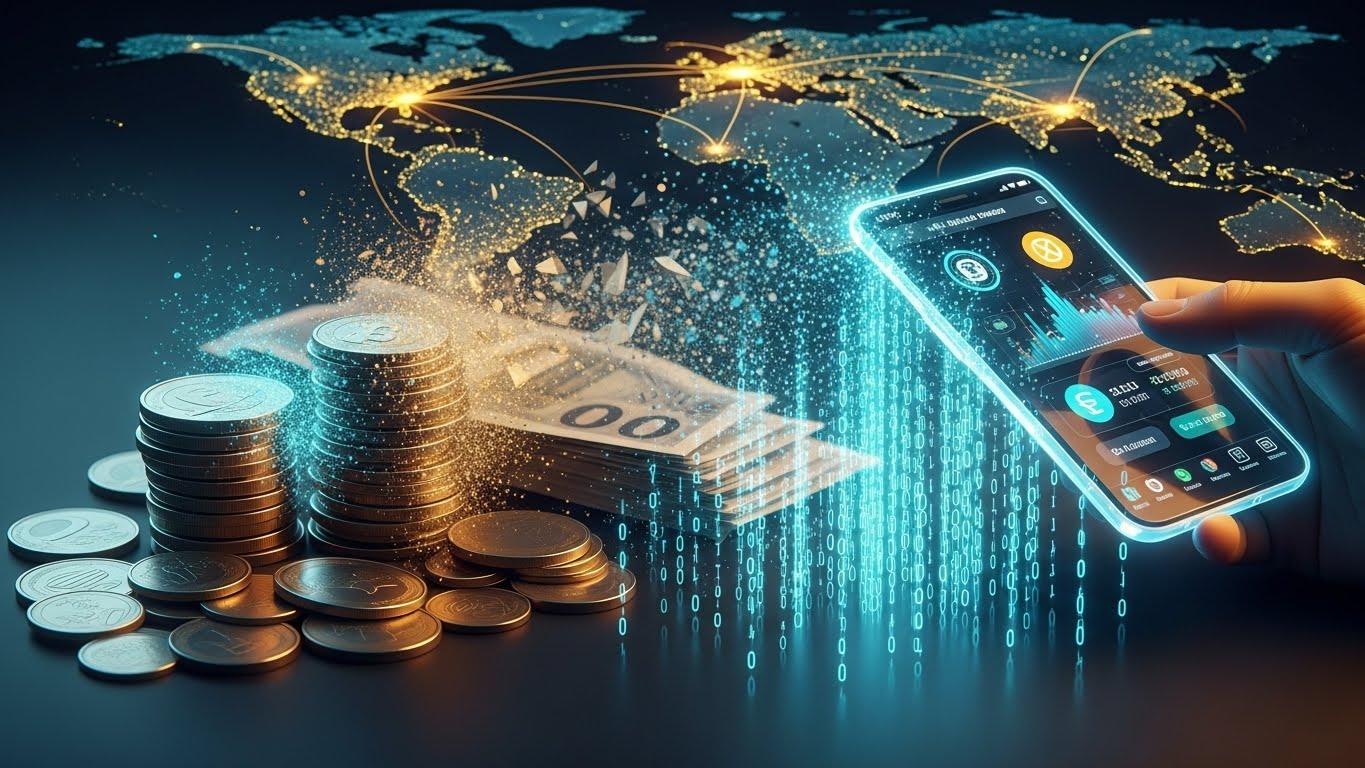 Ilustrasi transformasi masa depan uang tunai di era mata uang digital yang berubah menjadi data.