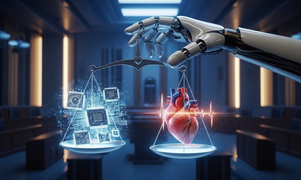 Ilustrasi simbolis tentang keseimbangan antara kemajuan teknologi dan etika kecerdasan buatan.