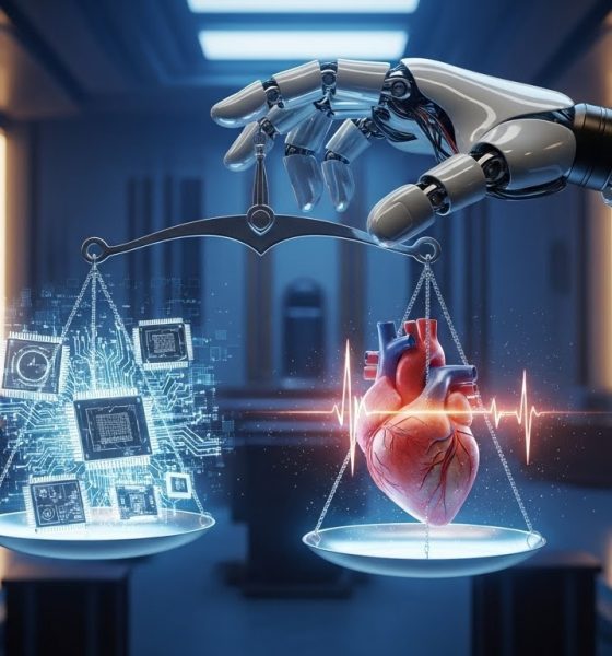 Ilustrasi simbolis tentang keseimbangan antara kemajuan teknologi dan etika kecerdasan buatan.