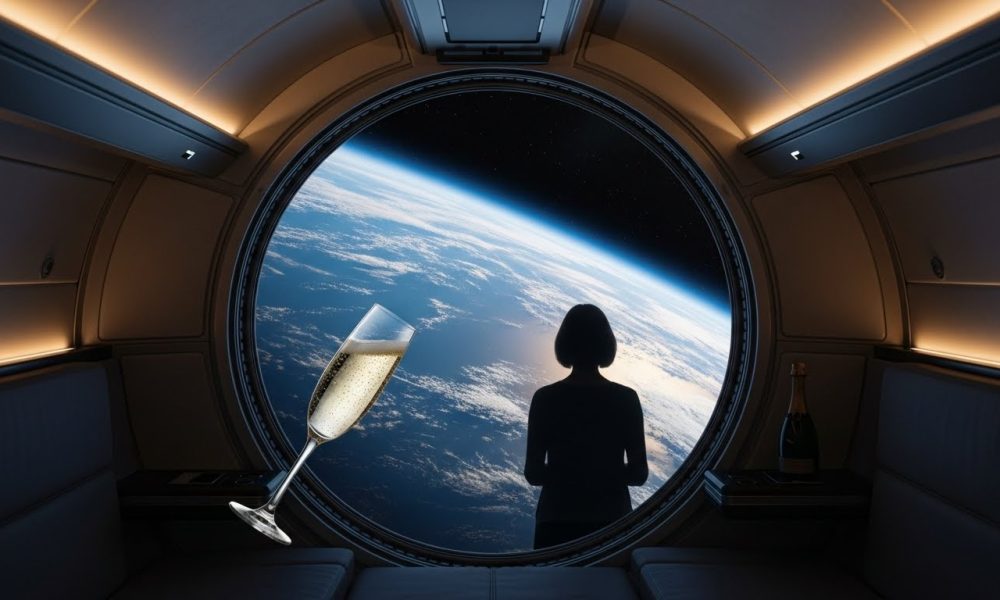 Pemandangan bumi dari dalam kapsul hotel wisata luar angkasa dengan turis yang menikmati gravitasi nol.