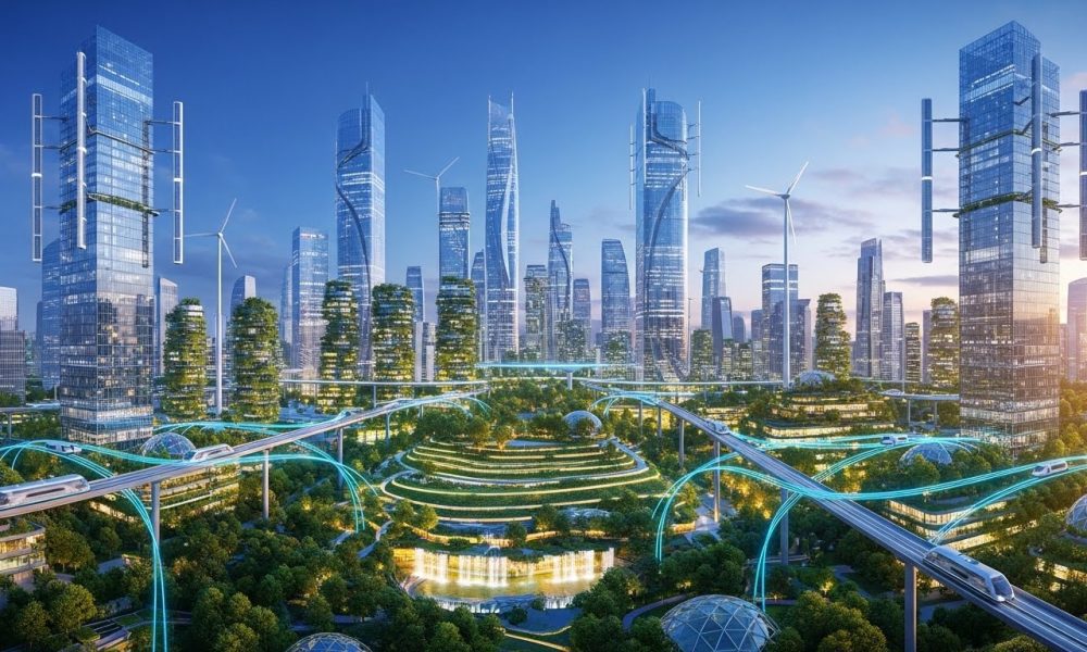 Ilustrasi kota futuristik yang ditenagai oleh revolusi energi hijau dengan panel surya dan turbin angin modern.