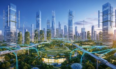 Ilustrasi kota futuristik yang ditenagai oleh revolusi energi hijau dengan panel surya dan turbin angin modern.