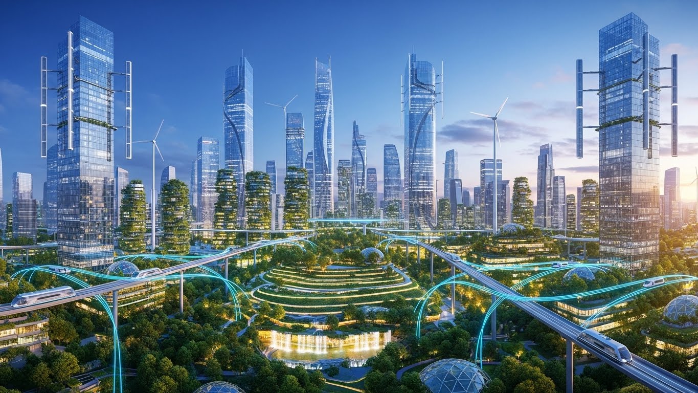 Ilustrasi kota futuristik yang ditenagai oleh revolusi energi hijau dengan panel surya dan turbin angin modern.