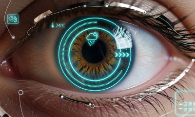 Ilustrasi masa depan lensa kontak pintar pengganti smartphone dengan tampilan antarmuka digital di mata.