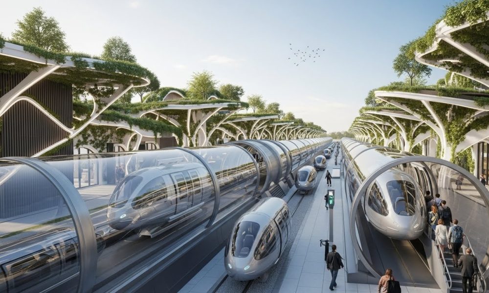 Ilustrasi masa depan transportasi darat dengan teknologi Hyperloop yang melaju di dalam tabung kaca.