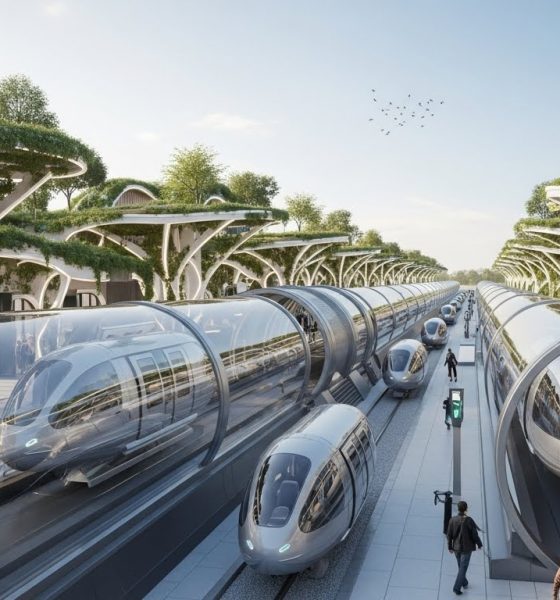 Ilustrasi masa depan transportasi darat dengan teknologi Hyperloop yang melaju di dalam tabung kaca.