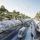Ilustrasi masa depan transportasi darat dengan teknologi Hyperloop yang melaju di dalam tabung kaca.