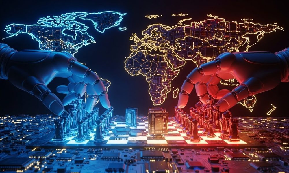 Ilustrasi konseptual peta dunia digital yang menggambarkan perang semikonduktor global sebagai papan catur geopolitik.