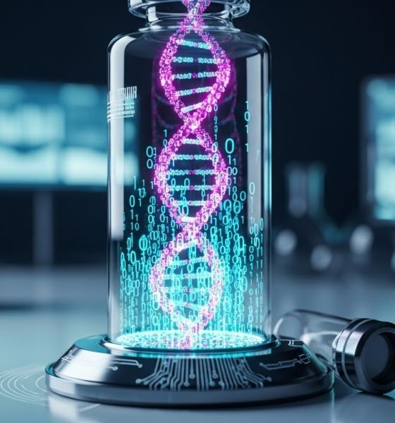 Ilustrasi masa depan penyimpanan data digital menggunakan DNA buatan di dalam tabung laboratorium.