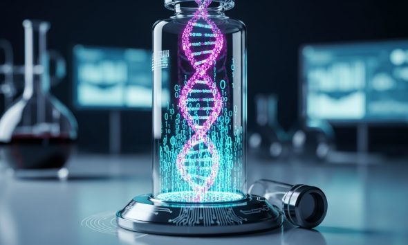 Ilustrasi masa depan penyimpanan data digital menggunakan DNA buatan di dalam tabung laboratorium.