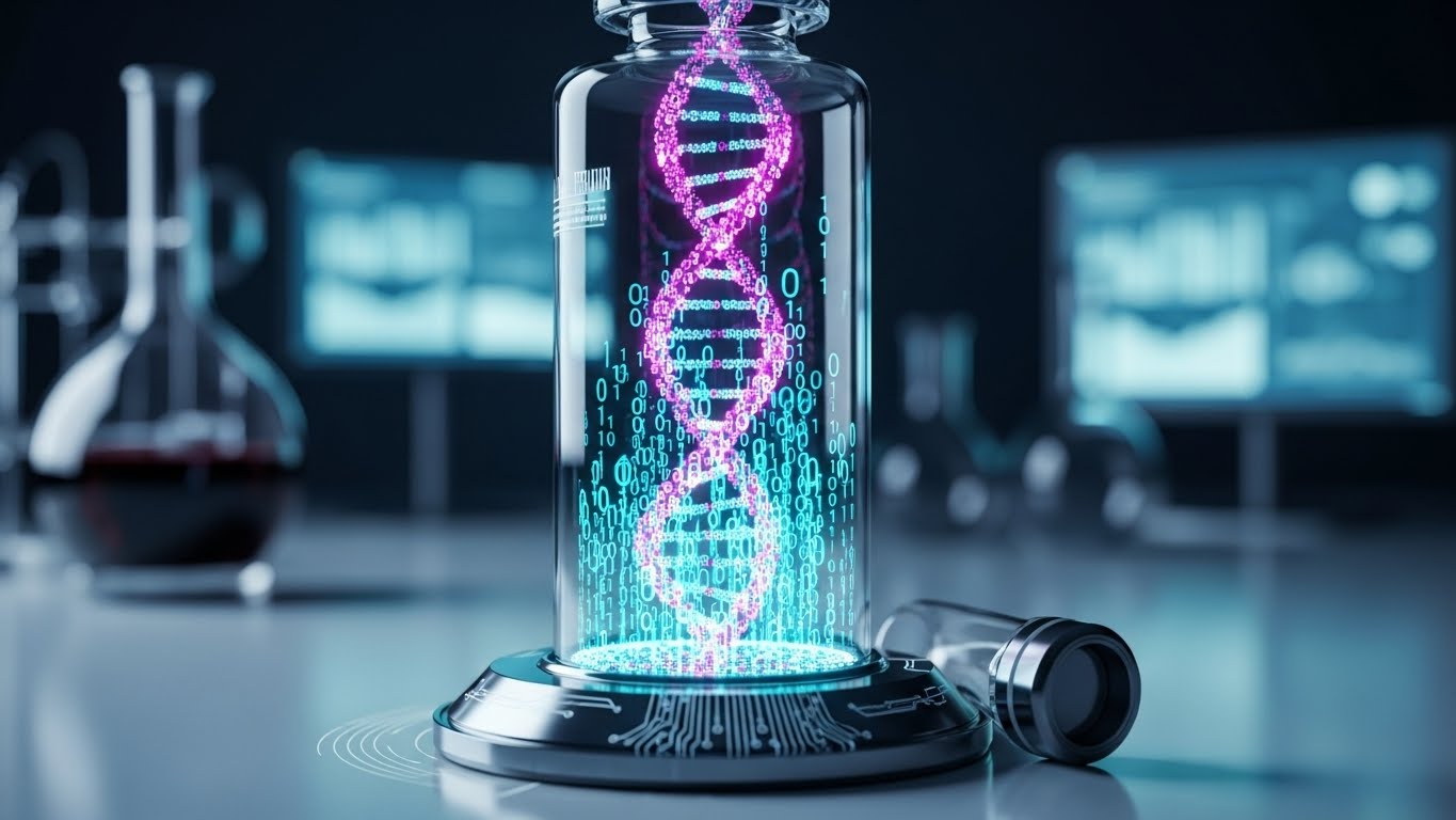 Ilustrasi masa depan penyimpanan data digital menggunakan DNA buatan di dalam tabung laboratorium.