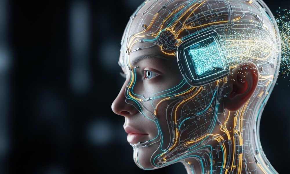 Visualisasi dampak teknologi Brain-Computer Interface pada kehidupan manusia yang menghubungkan saraf otak dengan data digital.